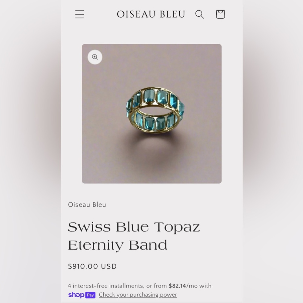 14K Blue topaz eternity ring by Oiseau Bleu. - Picture 5 of 6